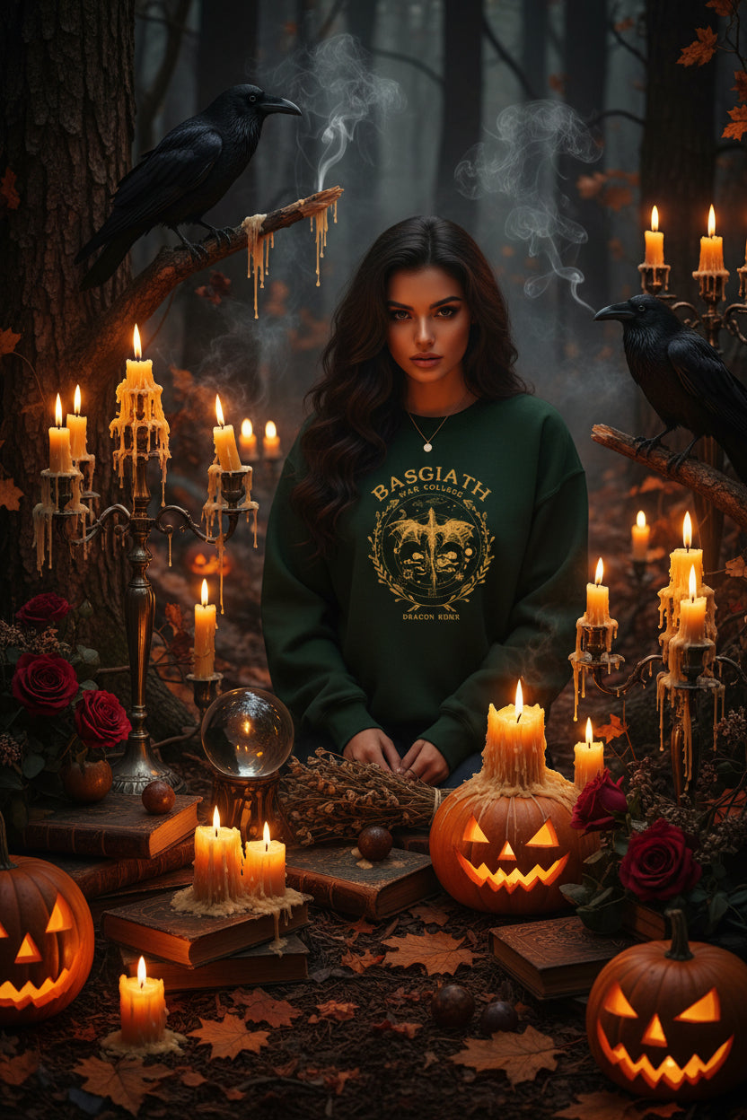 Green sweatshirt with gold graphics and text worn by a person, showing front and back views.