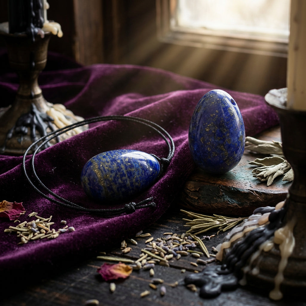 Two blue speckled stones on a black cord with a ruler for scale on a white background