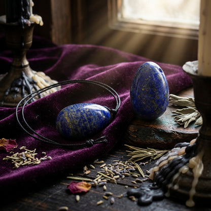 Two blue speckled stones on a black cord with a ruler for scale on a white background