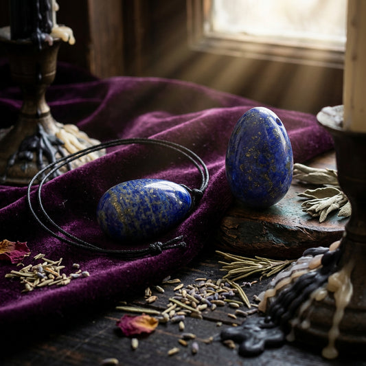 Two blue speckled stones on a black cord with a ruler for scale on a white background