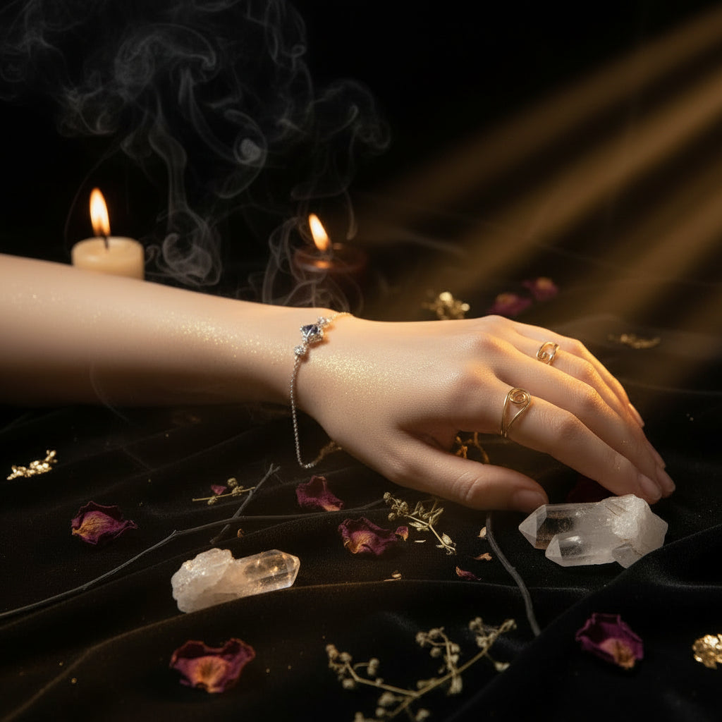 Close-up of a hand wearing a delicate bracelet with a heart-shaped charm, against a soft, blurred background.