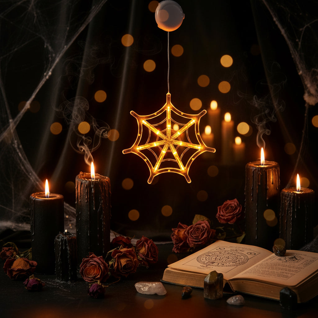 Spider web-shaped light decoration with glowing orange lights against a blurred background.