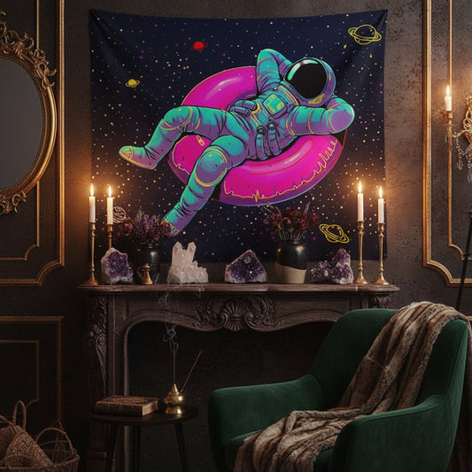 Colorful tapestry with an astronaut design hanging on a wall above a chair and table.