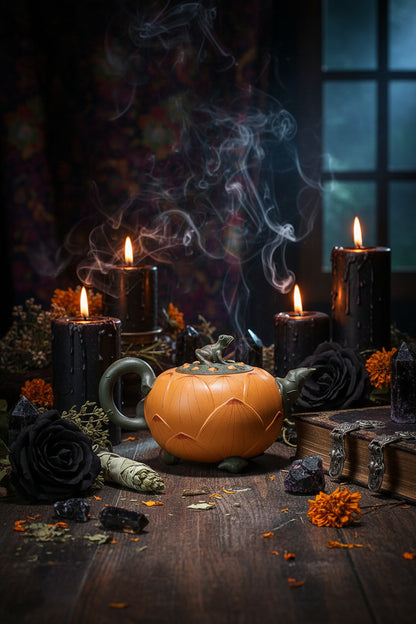 A decorative teapot shaped like a lotus flower in orange, with a dark green frog figure on top and a matching green handle and spout, photographed against a dark gradient studio background.