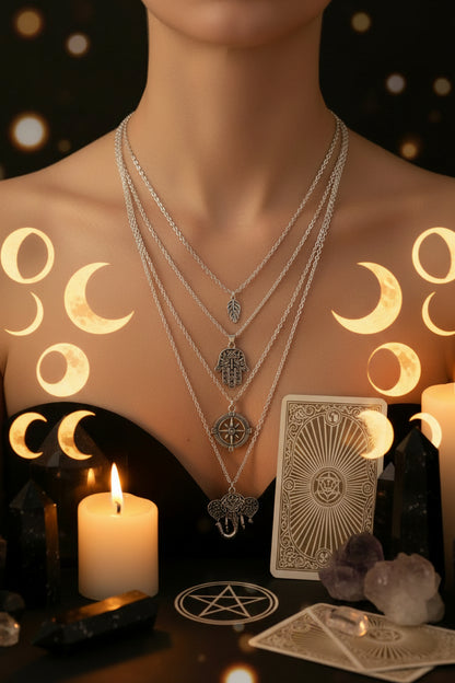 Bohemian Leaf Hand Compass Elephant Layered Necklace Sorceress Sanctuary