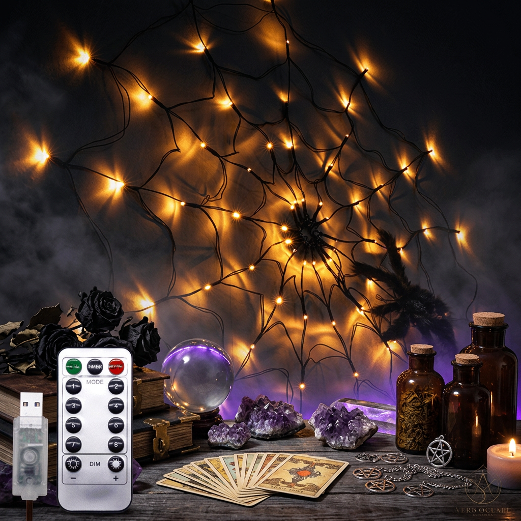 Halloween-themed string lights with spider web design and remote control on a beige background
