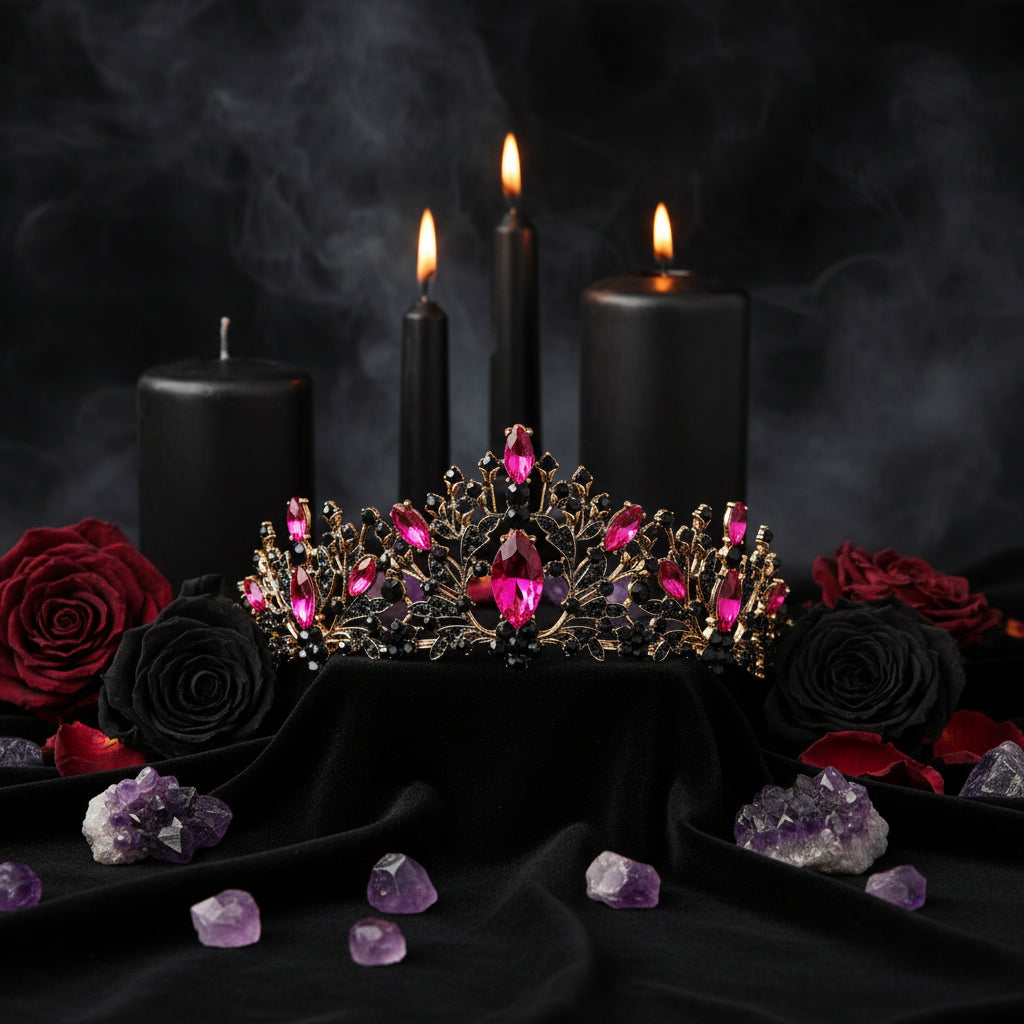 A gold-toned tiara crown decorated with black rhinestones and bright pink gemstones, displayed on a light pink surface against a dark background.