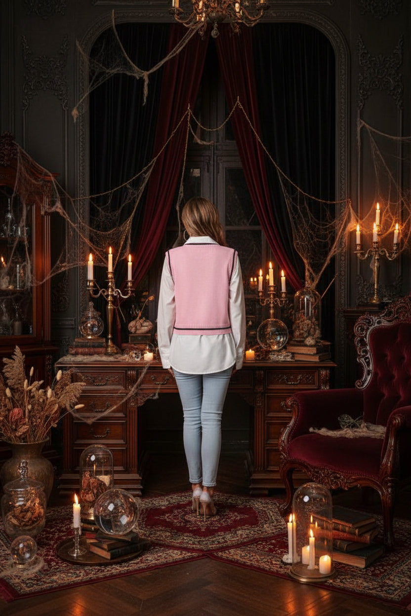 A woman shown from the back wearing a pink ribbed knit vest with black trim over a white collared blouse and light blue jeans, standing against a white wall with a green plant visible on the right.