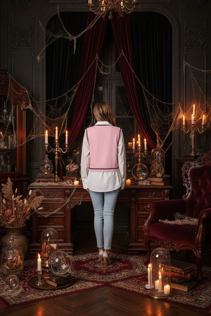 A woman shown from the back wearing a pink ribbed knit vest with black trim over a white collared blouse and light blue jeans, standing against a white wall with a green plant visible on the right.