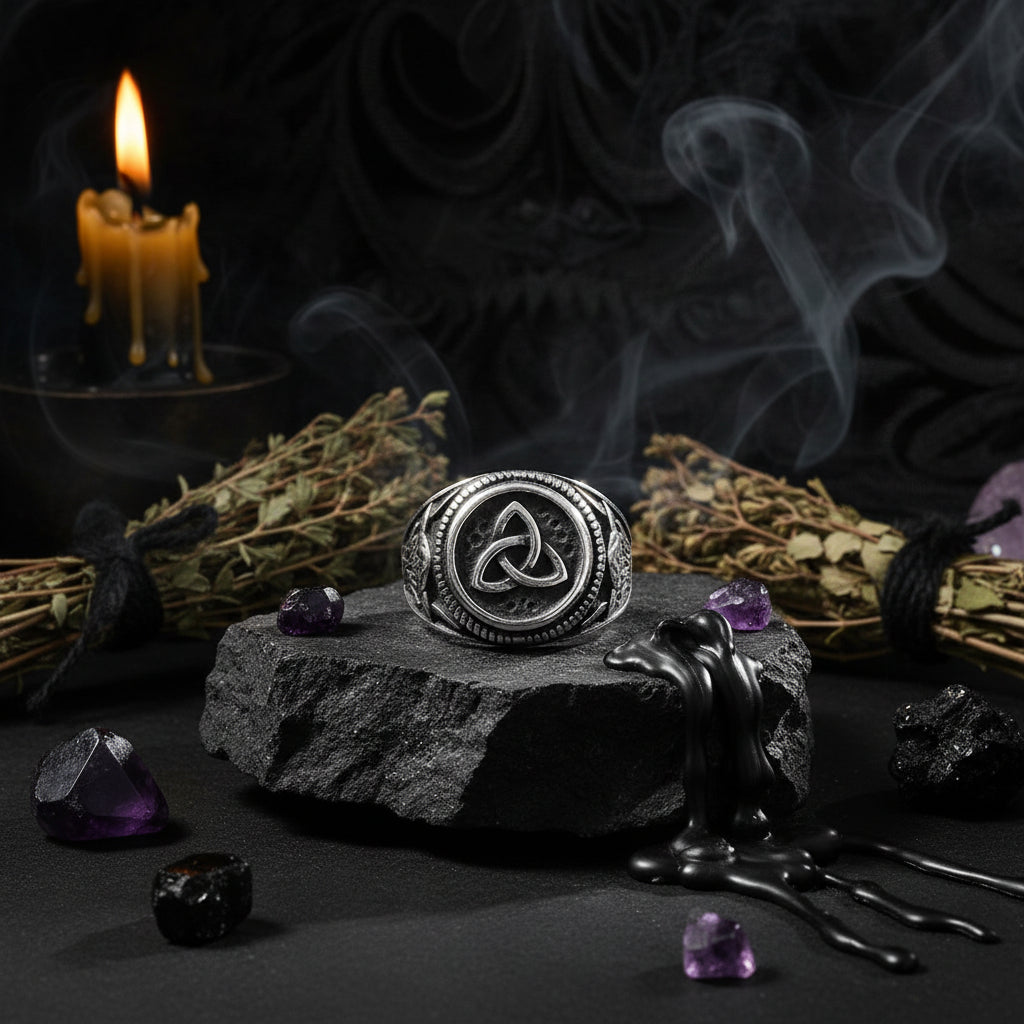 Silver ring with a Celtic knot design on a black background