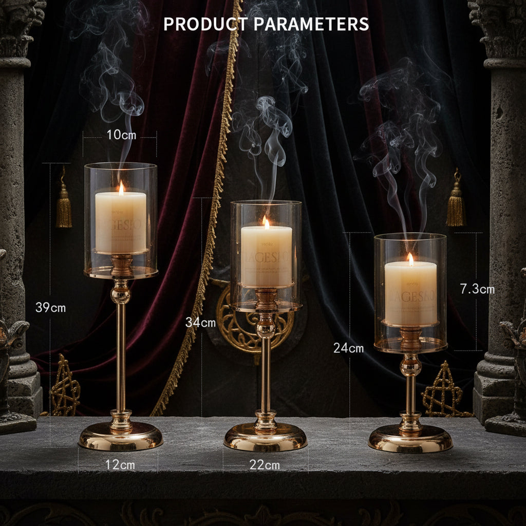 Three gold-toned candlestick holders with clear glass cylinders and white candles, shown on a dark background with overlaid dimensions labeled 10cm, 39cm, 12cm, 34cm, 29cm, and 7.3cm under the heading 'PRODUCT PARAMETERS'.