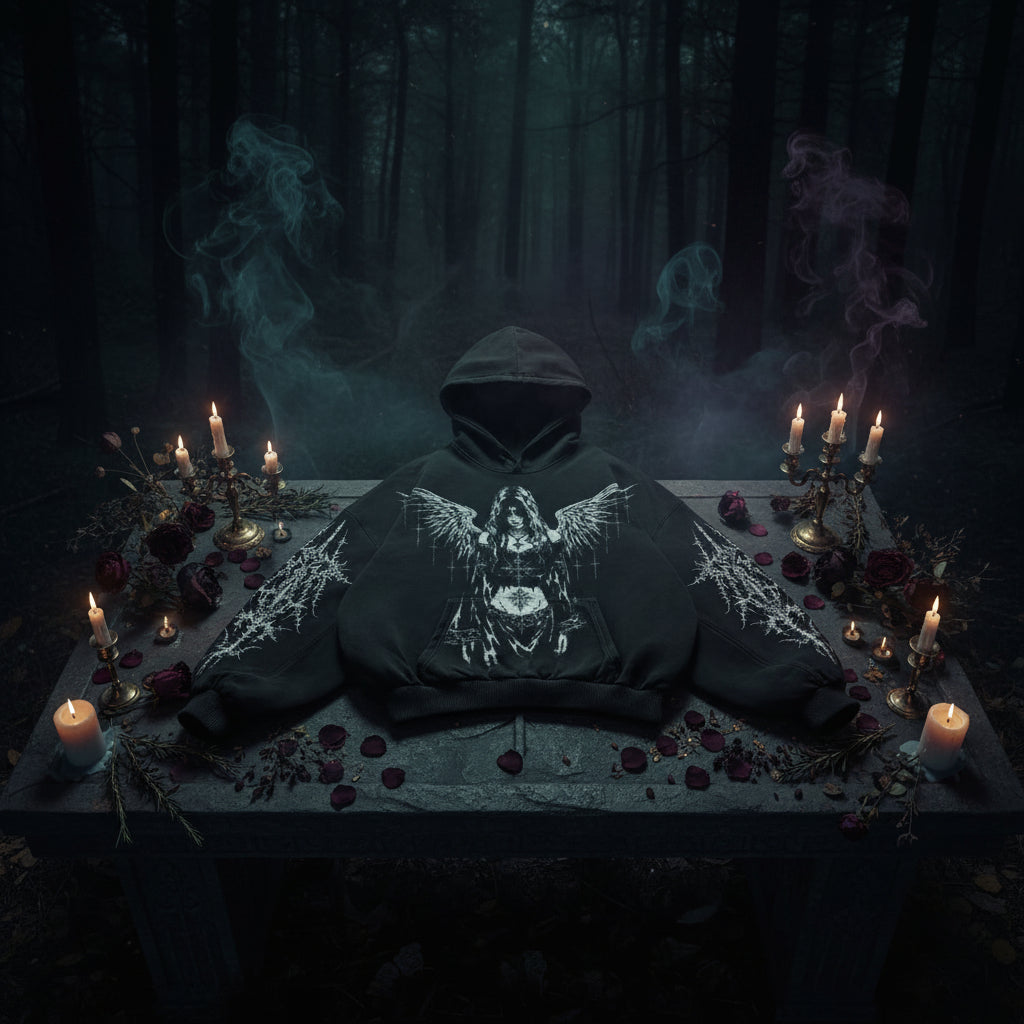 A black pullover hoodie with a detailed white gothic graphic of a winged figure and barbed wire, laid flat on a textured gray background.