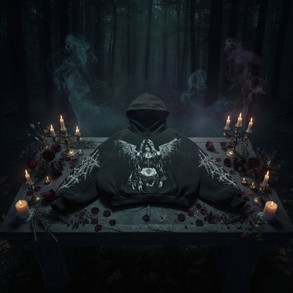 A black pullover hoodie with a detailed white gothic graphic of a winged figure and barbed wire, laid flat on a textured gray background.