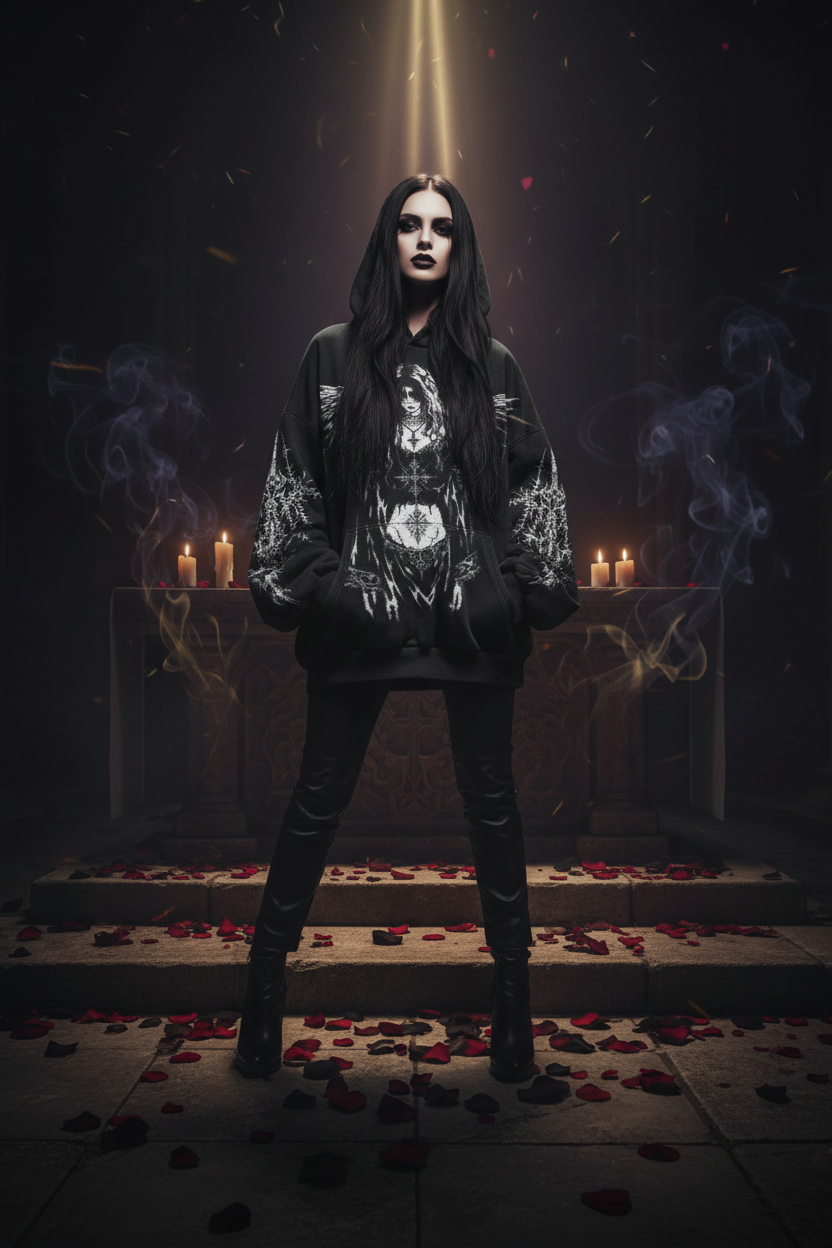 A black pullover hoodie with a detailed white gothic graphic of a winged figure and barbed wire, laid flat on a textured gray background.