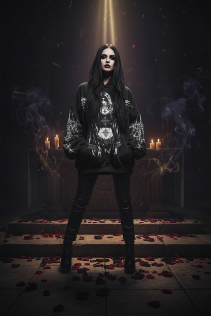 A black pullover hoodie with a detailed white gothic graphic of a winged figure and barbed wire, laid flat on a textured gray background.