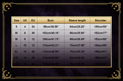 Table displaying clothing size chart with measurements for bust, sleeve length, shoulder, and length.