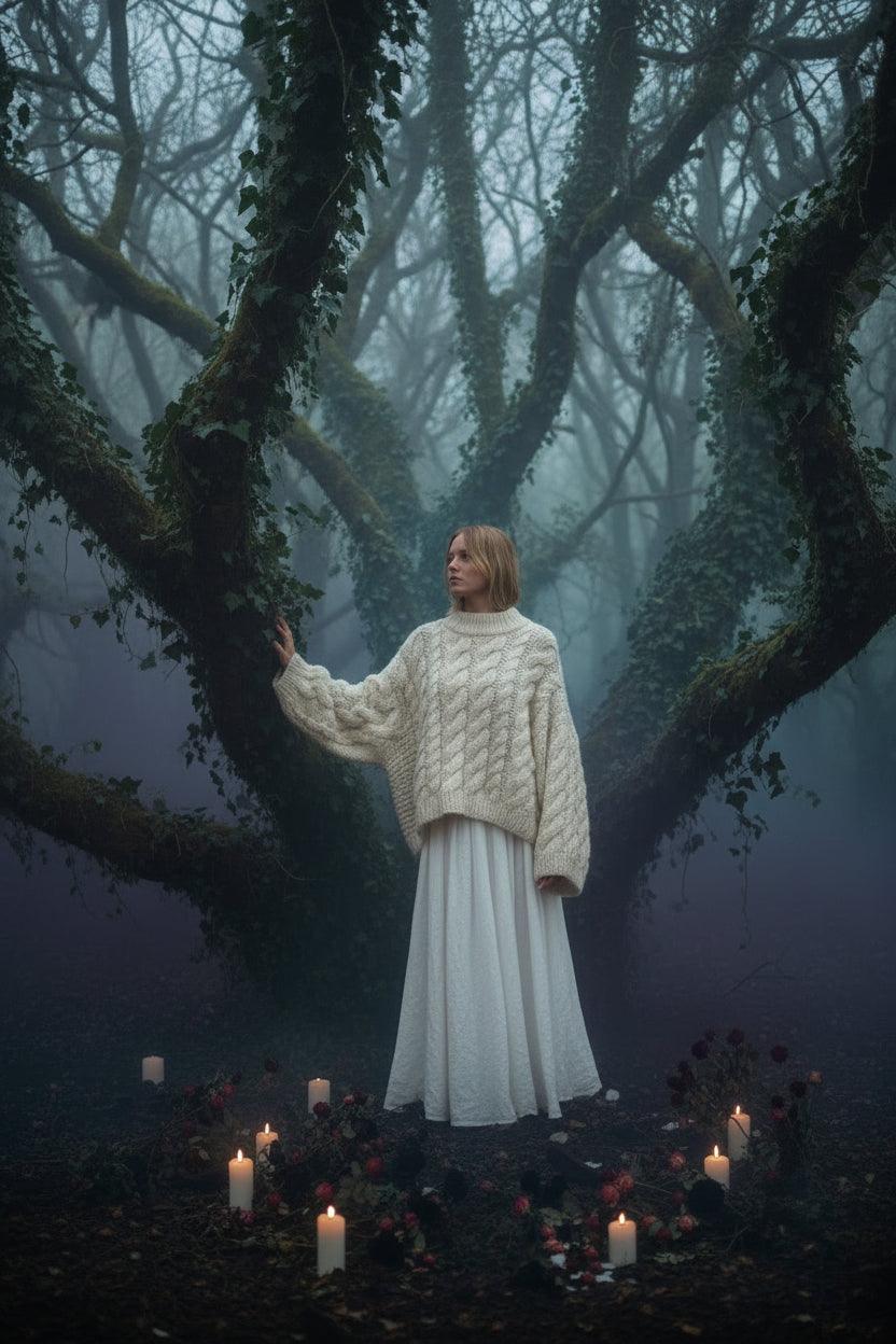 Woman in a white dress and beige knitted cardigan sitting in a garden.