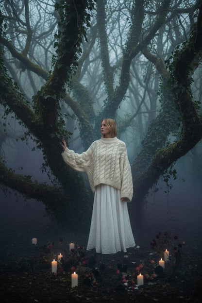 Woman in a white dress and beige knitted cardigan sitting in a garden.