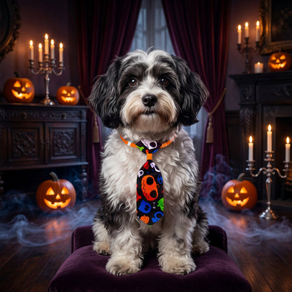 Colorful dog tie with skull and crossbones design on a white background