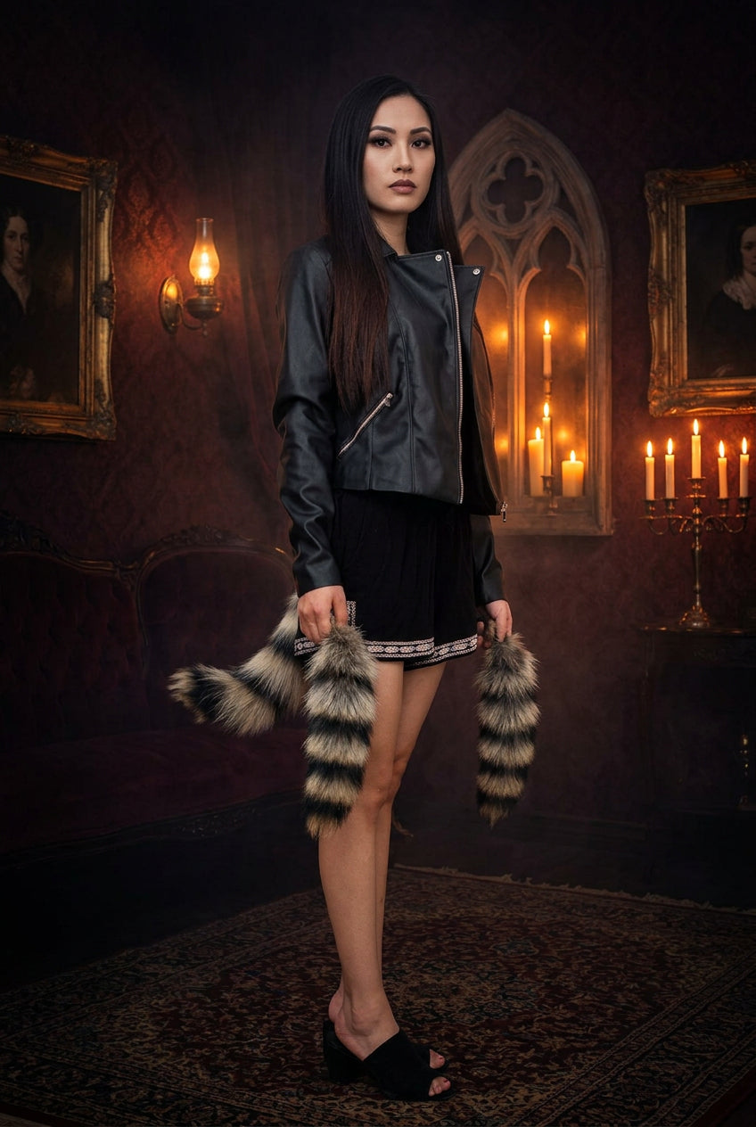 A model wearing a black faux-leather moto jacket, a black mini skirt with a white and black patterned hem, and black mule sandals, holding a black and white faux-fur tail accessory against a white background.