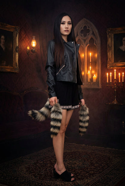 A model wearing a black faux-leather moto jacket, a black mini skirt with a white and black patterned hem, and black mule sandals, holding a black and white faux-fur tail accessory against a white background.
