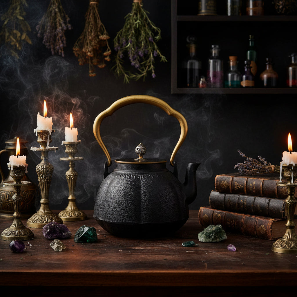 Black cast iron teapot with a gold handle on a white background