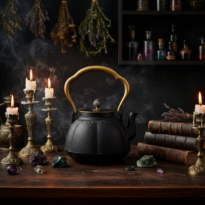 Black cast iron teapot with a gold handle on a white background