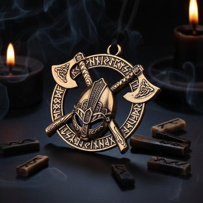 Bronze pendant with axes and helmet design on a black background