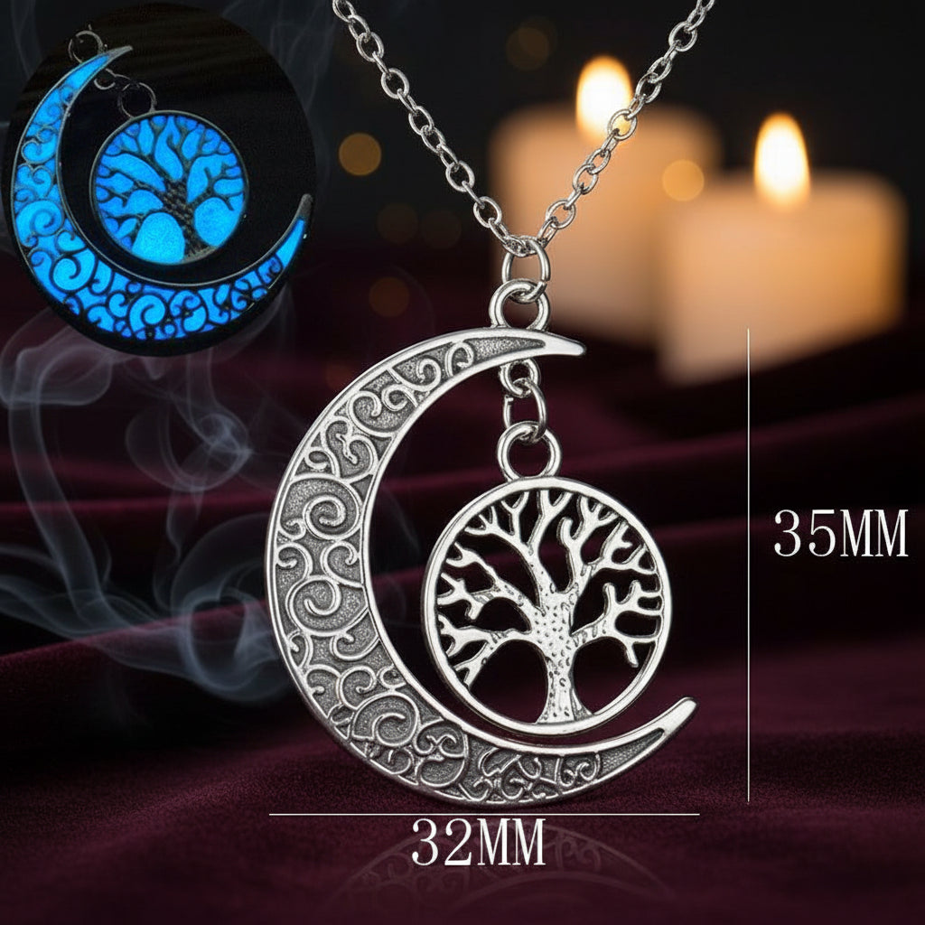 Silver crescent moon necklace with tree of life design, glowing blue inset, and measurements on a white background.