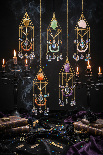 Six gold geometric wind chimes arranged in a 2x3 grid on a white background, each with hanging clear beads and iridescent crystal drops in different pastel and rainbow colors.
