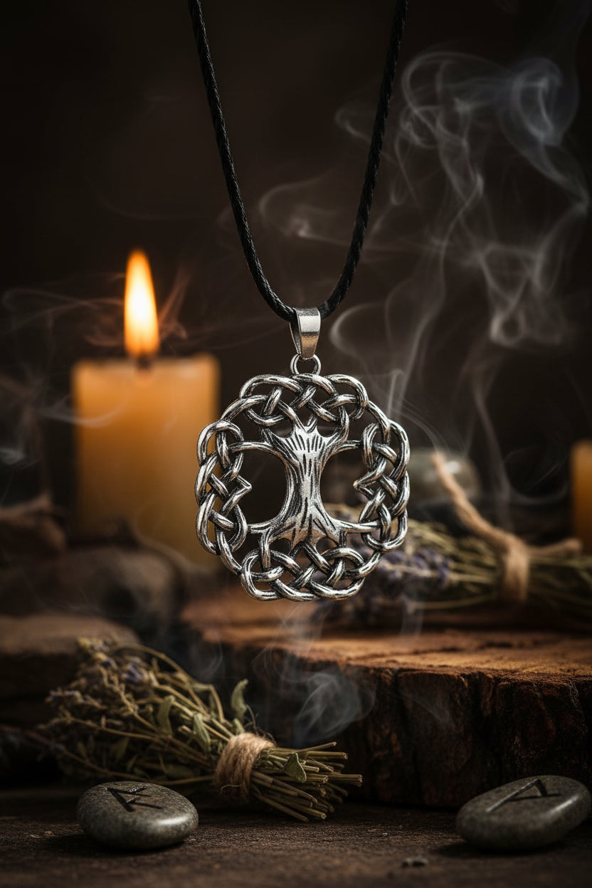 A silver-toned Celtic knotwork pendant necklace featuring a stylized tree of life design, suspended from a black braided cord on a white background.