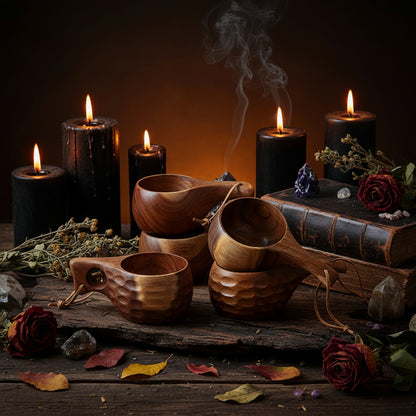 Set of wooden cups and spoons on a textured surface with a natural background