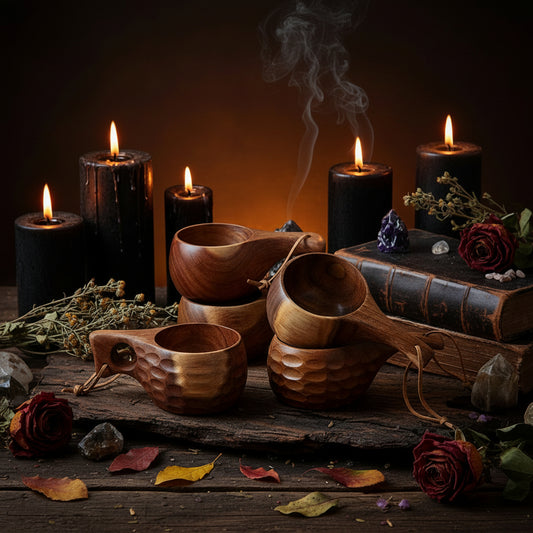 Set of wooden cups and spoons on a textured surface with a natural background