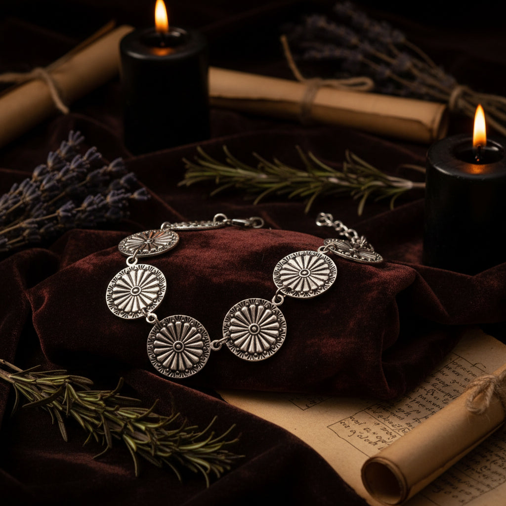 Silver circular earrings on a white background