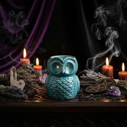 Blue owl-shaped candle holder on a wooden surface with a blurred background