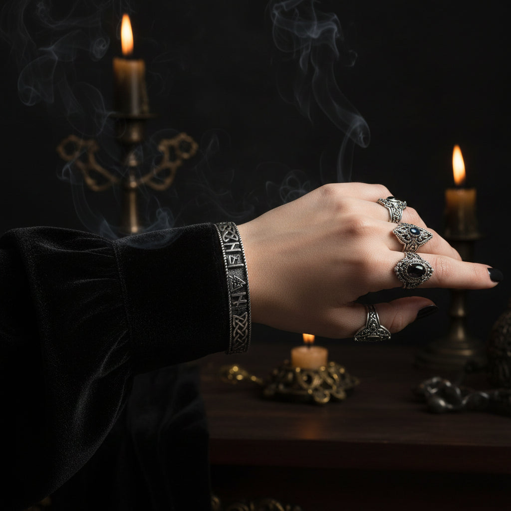 Silver bracelet withRunes and a triangle symbol on a white background