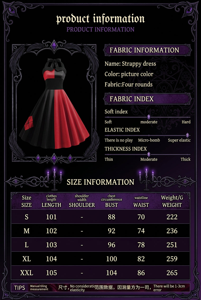 A product information sheet for a strappy dress, showing a small product photo of a black and red halter dress on the left, fabric details on the right, and a size table at the bottom with sizes S through XXL and measurements in centimeters.