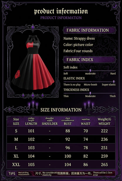 A product information sheet for a strappy dress, showing a small product photo of a black and red halter dress on the left, fabric details on the right, and a size table at the bottom with sizes S through XXL and measurements in centimeters.