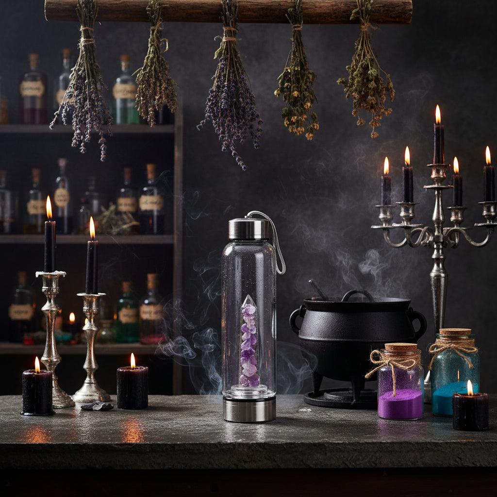 Clear glass water bottle with silver base and top, containing purple crystals on a light gray background