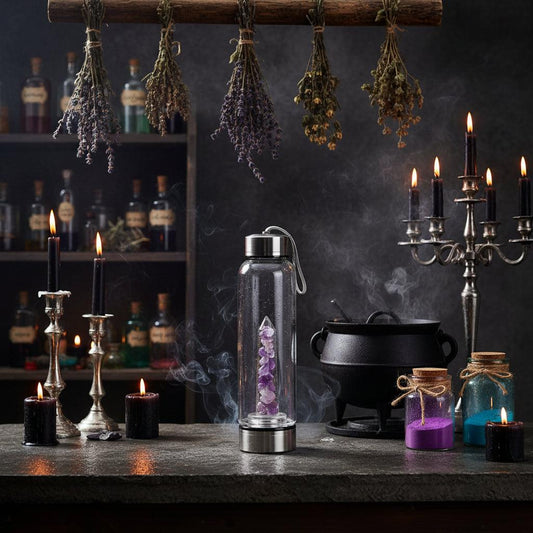 Clear glass water bottle with silver base and top, containing purple crystals on a light gray background