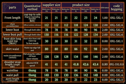A printed size and measurement chart in a grid format, showing dimensions for parts such as front length, belt, skirt, and thong for Multicote 1-F-1XL sizes, with columns for product size, tolerance, and code hopping.