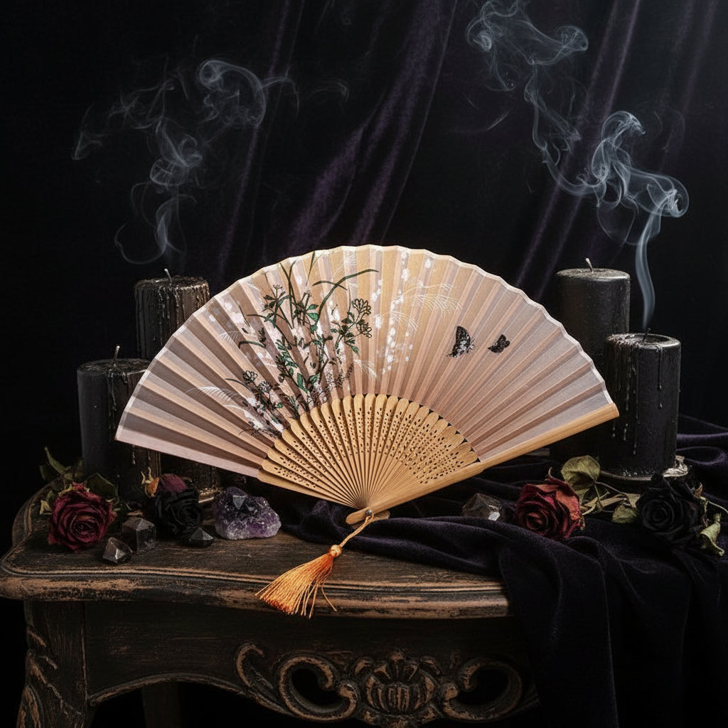 Decorative folding fan with floral design on a light background