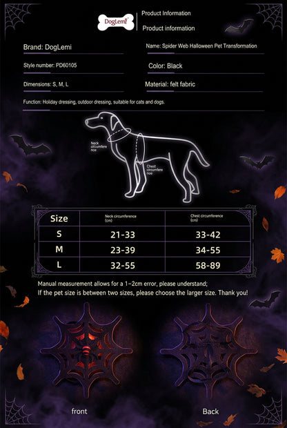 Product information sheet for a DogLemi Halloween pet transformation collar. The sheet includes product details, a line drawing of a dog wearing the collar, a size table for S, M, and L, and two black spider-web shaped collars shown from front and back on a white background.