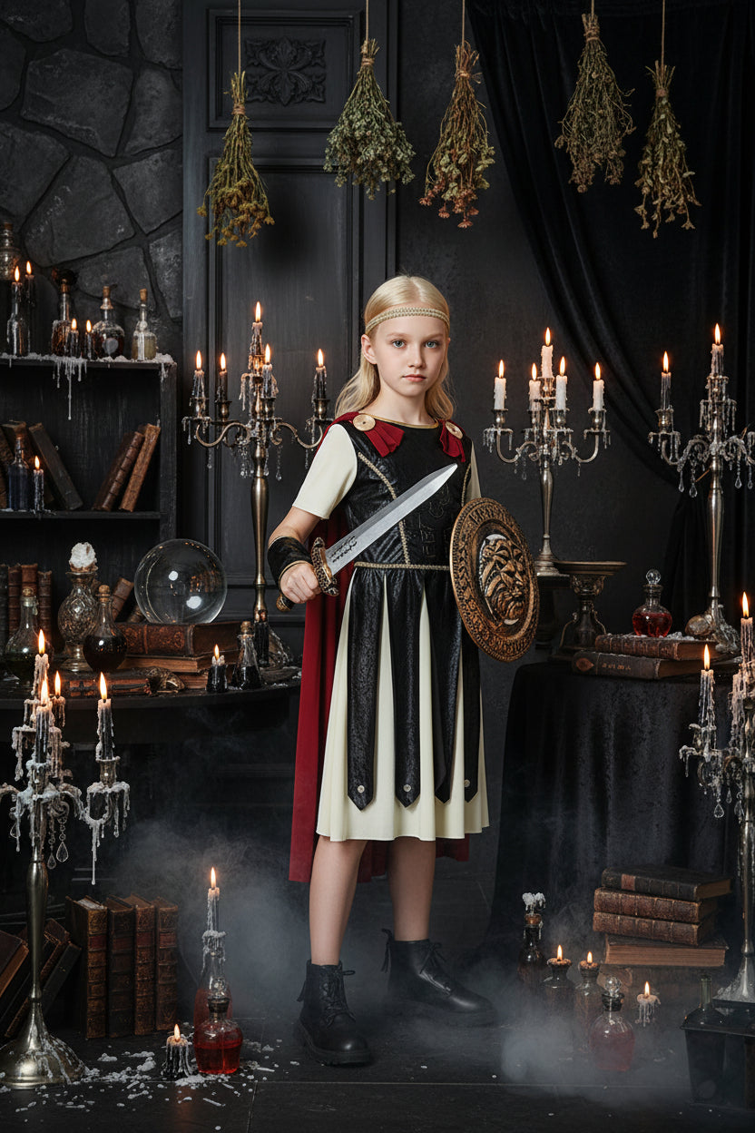 Child in a Roman warrior costume holding a sword and shield on a white background