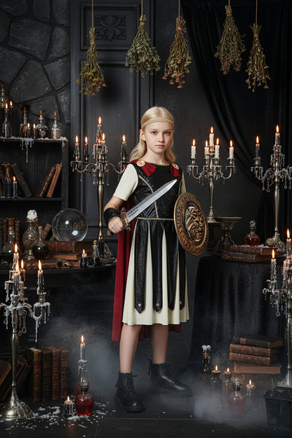 Child in a Roman warrior costume holding a sword and shield on a white background