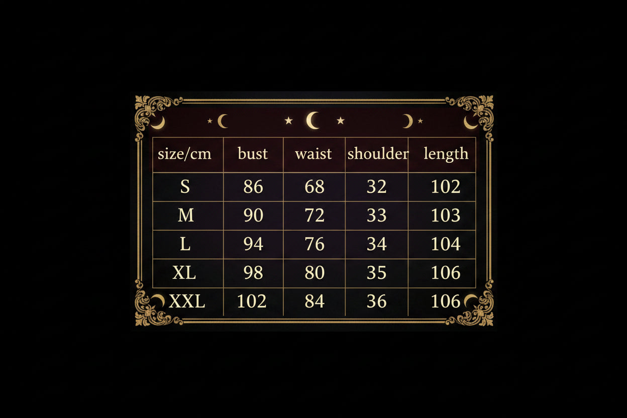 A size chart table with columns for size/cm, bust, waist, shoulder, and length, showing S through XXL measurements.