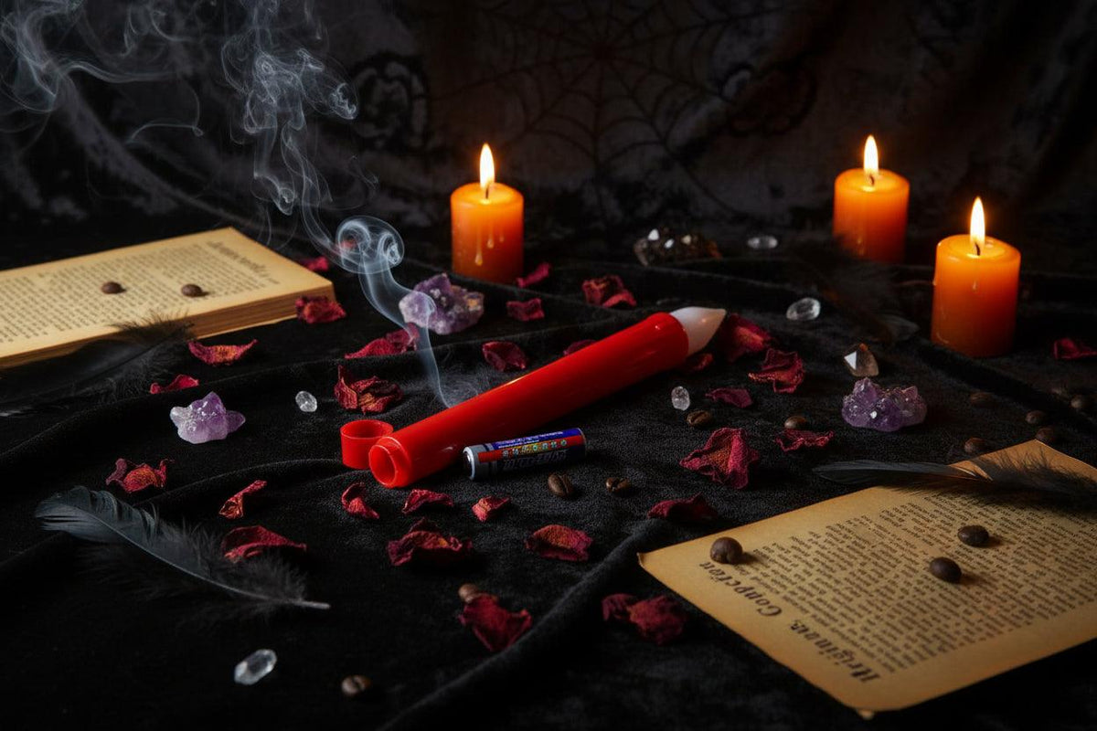 A red novelty marker or drawing tool with a white tip lies on top of an open red cap, next to two small batteries, all arranged on a newspaper surface with scattered coffee beans.