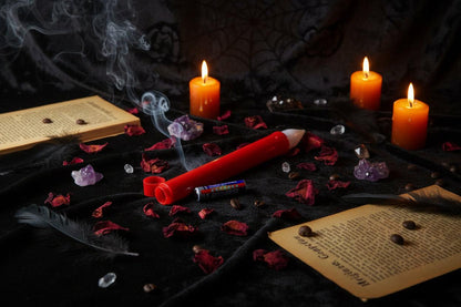 A red novelty marker or drawing tool with a white tip lies on top of an open red cap, next to two small batteries, all arranged on a newspaper surface with scattered coffee beans.