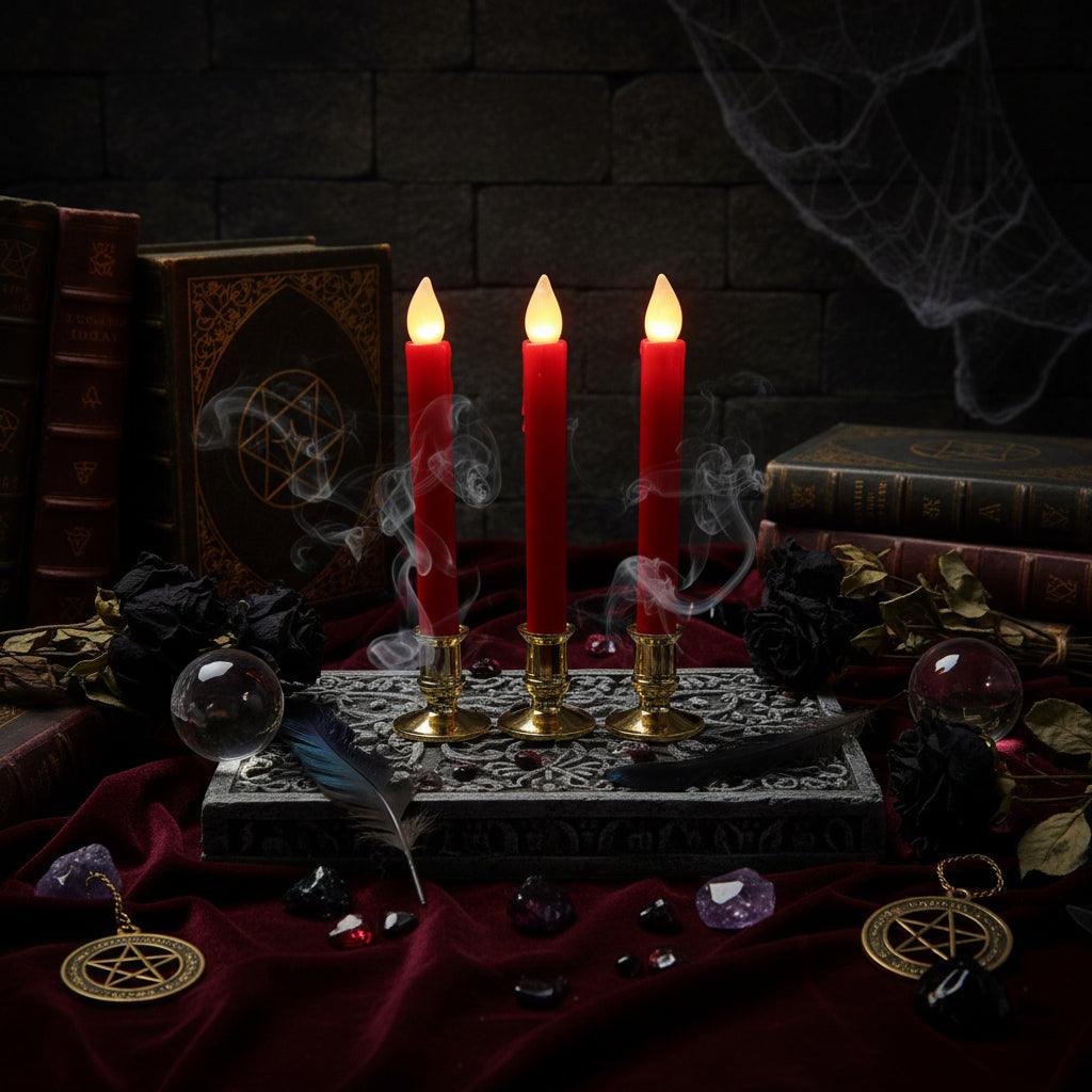 Three red taper candles with glowing flame tips in ornate gold holders, styled on a newspaper surface with books and flowers in a warm indoor setting.