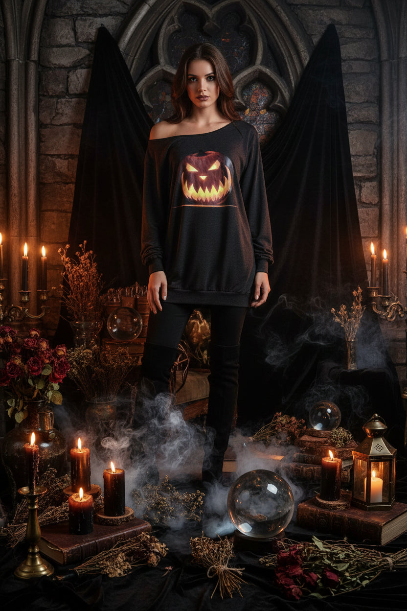 A dark gray off-the-shoulder long-sleeve sweatshirt featuring a large graphic print of a glowing jack-o'-lantern pumpkin on the front, set against a plain white background.